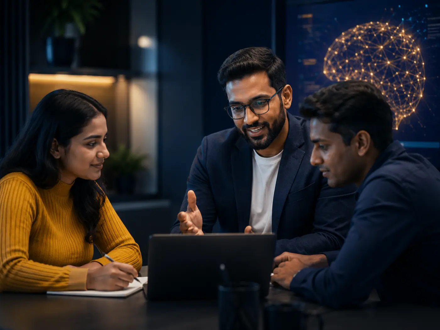 Mentor discussing AI learning with two participants
